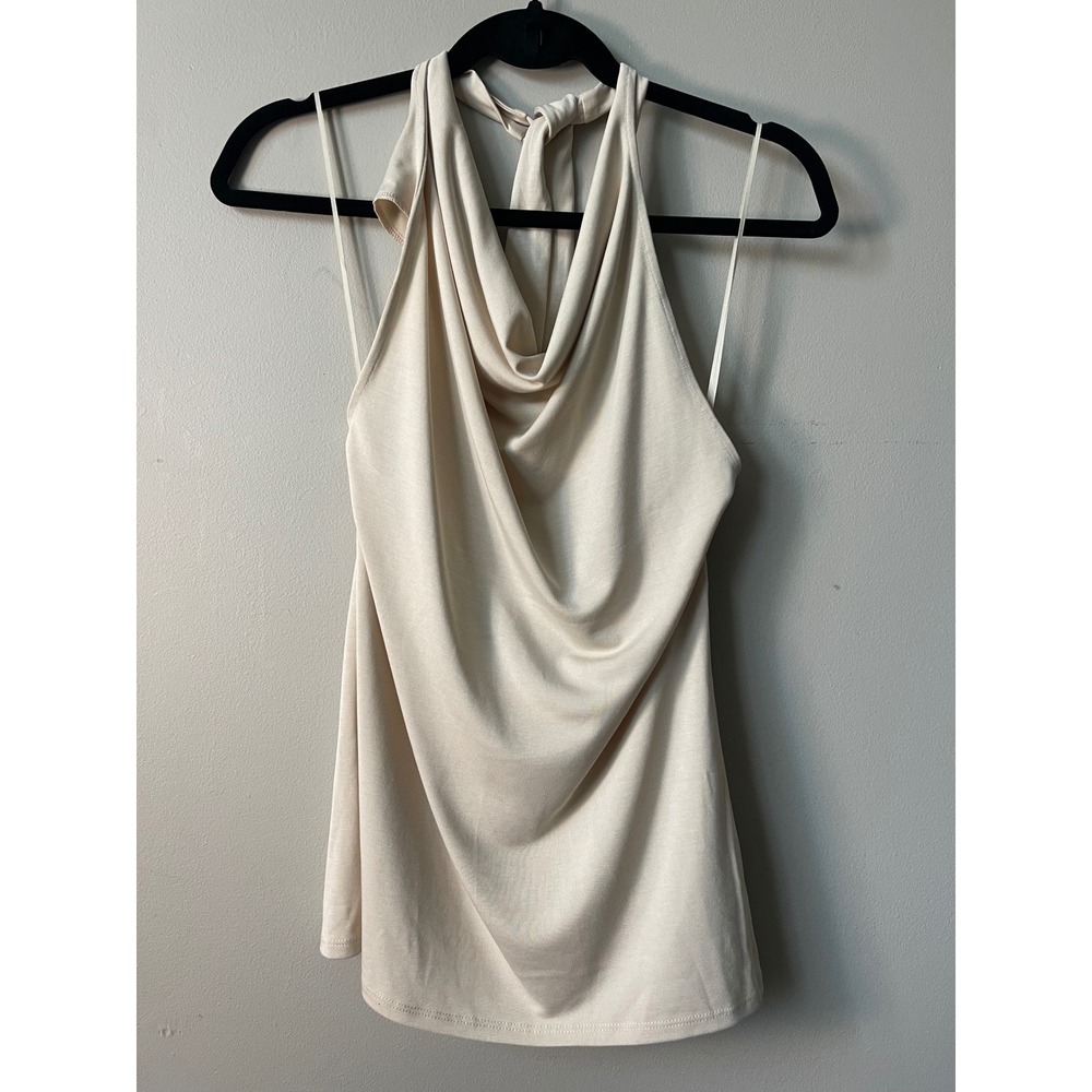 Express Womens Champagne Beige Cowl Neck Halter Top Low Back Tie Neck Small